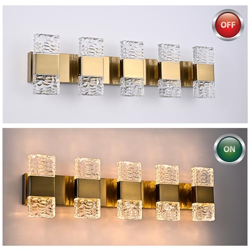 5 Lights Brass Crystal Vanity Light Bar LED Bathroom Lights 30.3 in