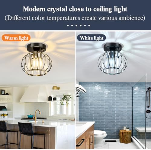 Indoor Motion Sensor Ceiling Light Fixture Modern Cryatal Semi Flush Mount Ceiling Light Black Ovrehead Light Fixture for Porch Hallway Front Entryway Kitchen Hall Garage