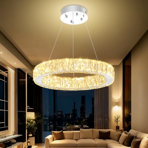 Modern LED 23.6" Ring Chandelier for Dining Room Living Room Dimmable Crystal Pendant Light Adjustable Round Chrome Crystal Chandelier
