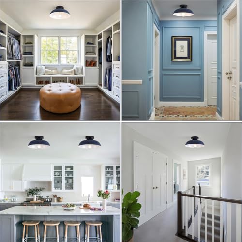 12 Inch Metal Semi Flush Mount Ceiling Light Fixture Industrial Small Ceiling Lights Kitchen Lighting Fixtures Ceiling with Navy Blue Shade for Hallway Entryway Bedroom Foyer Bathroom Laundry Room