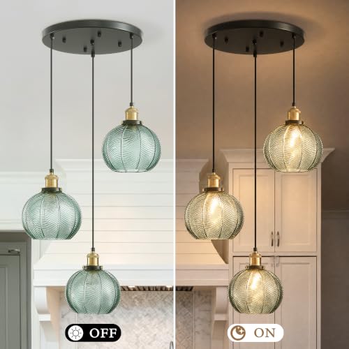3 Light Vintage Green Striped Glass Cluster Pendant Light