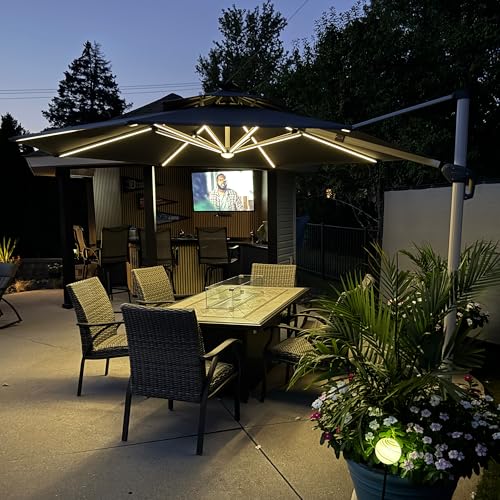 Patio Umbrella with Base 12ft Solar LED Light Double Top