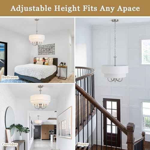 Modern Drum Chandeliers for Dining Room Light Fixture 5 Light Brushed Nickel Chandelier with Shades Contemporary Farmhouse Hanging Large Pendant Lighting for Kitchen Island Living Room Entryway Foyer