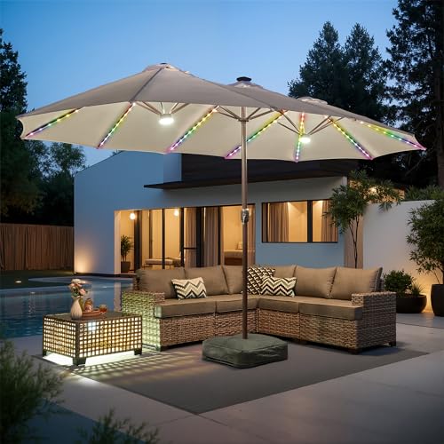15ft Large Patio Umbrellas with Base & Solar Lights