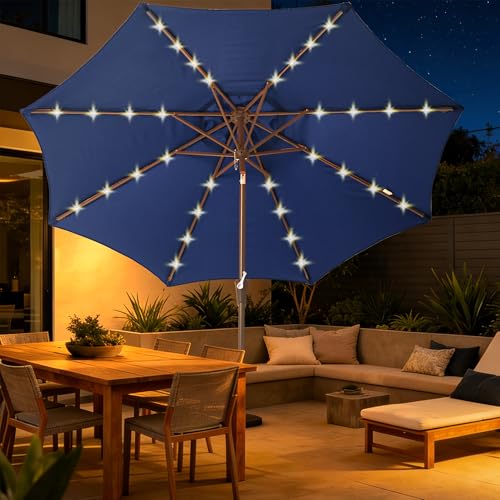 9 FT Outdoor Umbrella with solar lights Patio Table Umbrella Navy