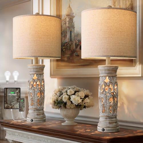 27.25”Farmhouse Table Lamps Set of 2 with Night Light (2 Count)