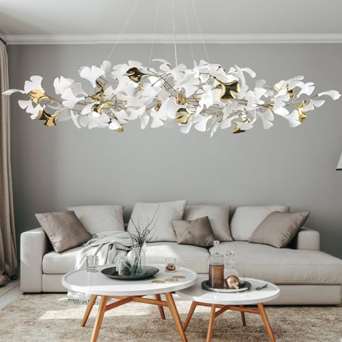 59 Inch White Rectangle Chandelier Gold Ceramic Ginkgo Leaf Chandeliers Brass Large Chandelier Modern Hanging Lights Fixture for Living Room Dining Room Kitchen Island