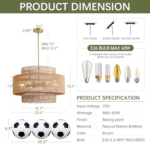 24" Rattan Chandelier for Dining Room