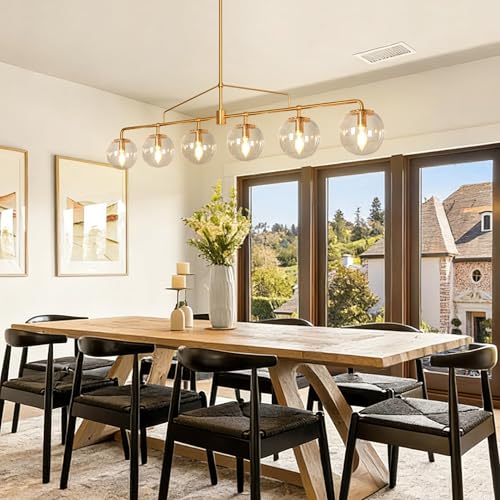 Gold Linear Chandelier 6 Lights Seeded Glass Globe Pendant Light