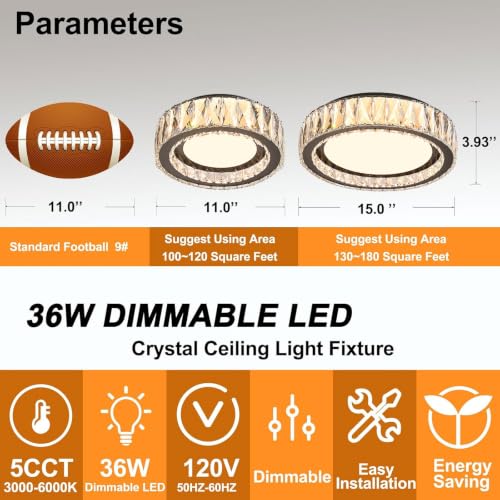 15 Inch LED Dimmable Crystal Flush Mount Ceiling Light Fixture