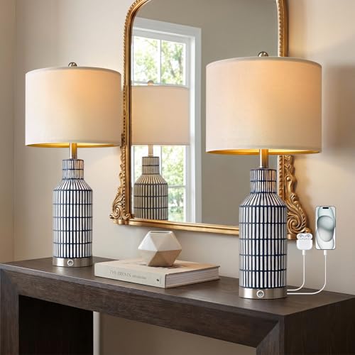 25" Modern 3 Way Dimmable Touch Control with USB A+C Ceramic Lamps Set of 2 Table Lamp for Living Room Bedroom Farmhouse Nightstand Bedside Blue (2 Count)
