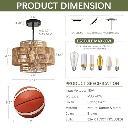 12.4" Rattan Pendant Light for Kitchen Island