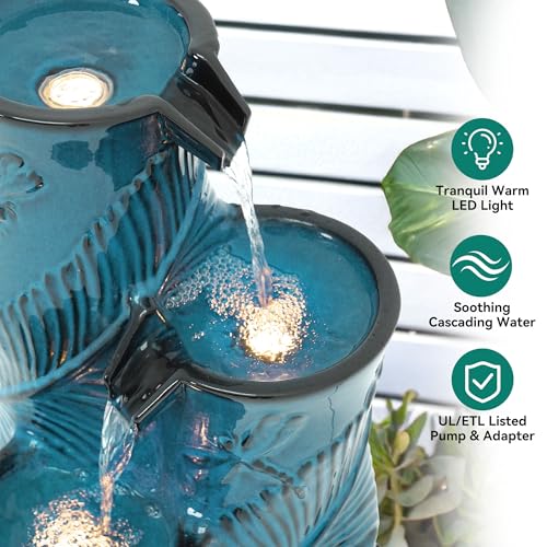 Autodaya Tropical Turquoise Ceramic Outdoor Water Fountain with Lights