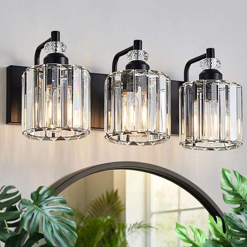 3 Light Black Bathroom Light Fixtures Over Mirror Modern Vanity Lights Crystal Wall Sconce Vintage Bathroom Lighting with Crystal Shade E26 Base for Bedroom