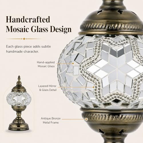 Turkish Moroccan Table Lamp Lantern with Handmade Mosaic Glass Lampshade Tiffany Style Bohemian Stained Glass Decorative Desk Lamps Bedside Night Lights for Bedroom