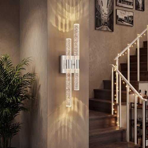 Modern LED Vanity Light Bubble Crystal Sconces Wall Lighting Brushed Nickel Bathroom Light Fixture 21.25in 4000K Vertical and Horizontal Wall Mounted Sconces for Bedroom Living Room