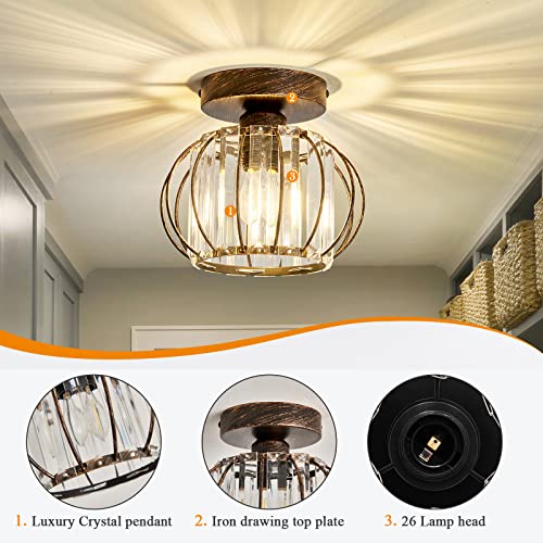 Semi Flush Mount Ceiling Light Fixture E26 Mini Crystal Chandelier Oil Rubbed Bronze Small Ceiling Lamp for Entryway Bedroom Bathroom Hallway Closet Foyer Light