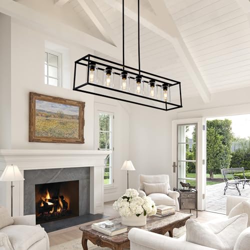 6 Light Dining Room Light Fixture Black Farmhouse Chandelier Kitchen Island Pendant Lighting Rectangle Modern Industrial Living Room Hanging Lights Adjustable Height