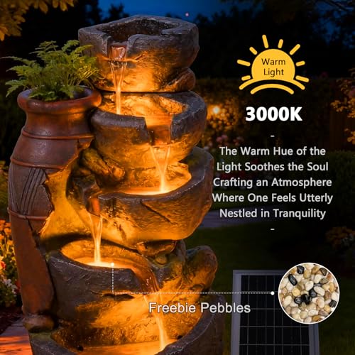 5 Tiers Solar Powered Cascading Rock Jar Water Fountain Outdoor