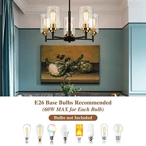Sucolite 19.8'' Dia 5-Light Chandelier for Dining Room Kitchen Island, Modern Farmhouse Pendant Lighting with Glass Shades Black & Gold Ceiling Light Fixture for Living Room, Height Adjustable