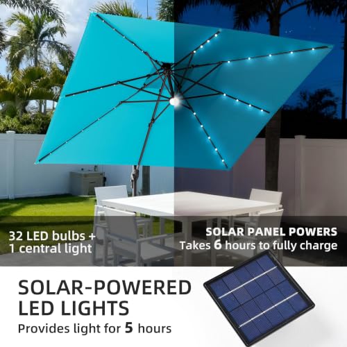 9x9 FT Cantilever Offset Patio Umbrella with Lights & Base