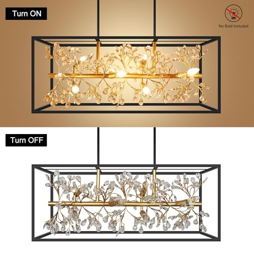 Large Black and Gold Rectangle Chandelier, 8-Light Modern Farmhouse Dining Room Light Fixtures Over Table, Crystal Chandeliers for Kitchen Island Pool Table Room