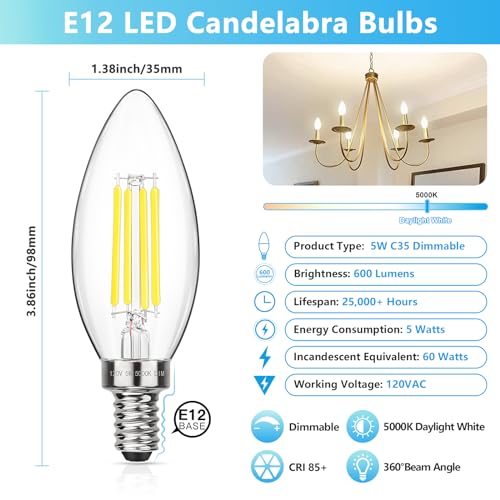 Dimmable E12 LED Candelabra Bulbs 60W Equivalent (12 Count)