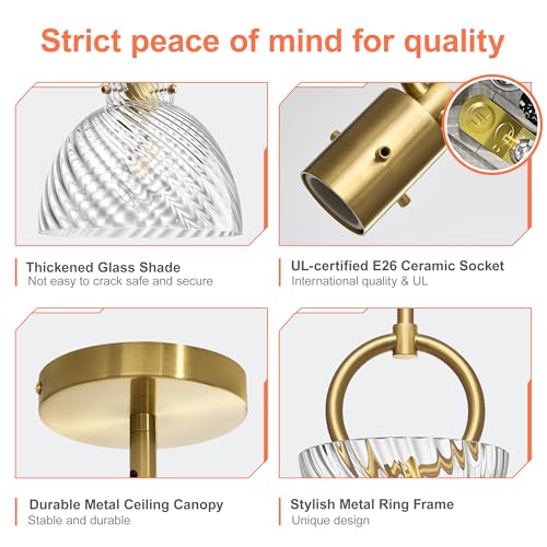 Gold Pendant Light Kitchen Island with 9.84'' Striped Glass Shade