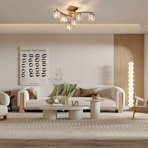 6 Lights Semi Flush Mount Ceiling Light Black and Gold Ceiling Fixture Farmhouse Dining Room Light Fixture with K9 Crystal Shades Modern Chandelier for Living Room Bedroom Entryway