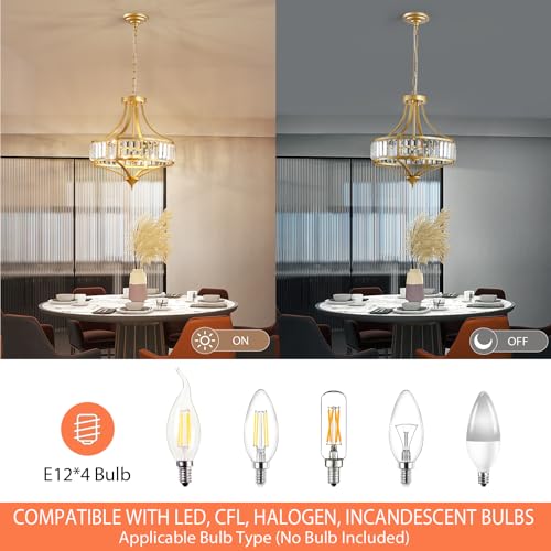 Gold Chandeliers for Dining Room Modern Round Crystal 4 Lights Rustic Pendant Lighting Fixture with Metal Lampshade for Living Room Hallway Bedroom Foyer