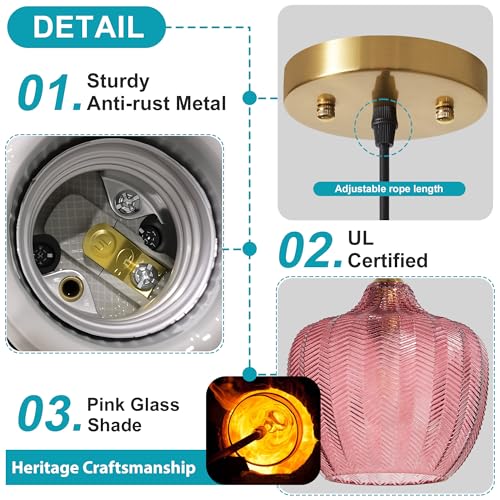 Pink Glass Pendant Lights Kitchen Island Gold Hanging Ceiling Light 9.45"