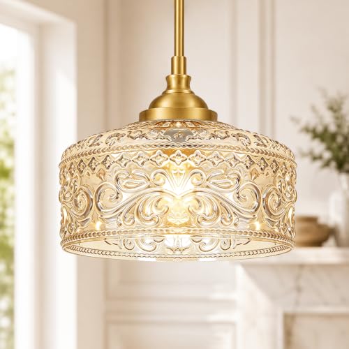 Brushed Gold Vintage Pendant Light Amber Glass Island Lights for Kitchen