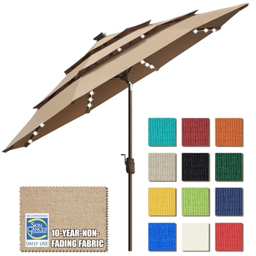 USA 10-Year-Non-Fading 9ft 3-Tier Market Patio Umbrella, Commercial Table Umbrella with 80 Solar LED Lights, Crank Open, Windproof & UPF 50+ UV Protection for Garden, Deck, Pool, Backyard, Heather Beige