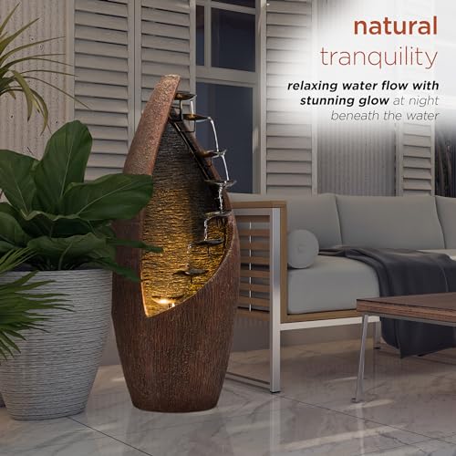 43" Tall Outdoor Floor Contemporary Tiered Bronze Metal Water Fountain with LED Lights