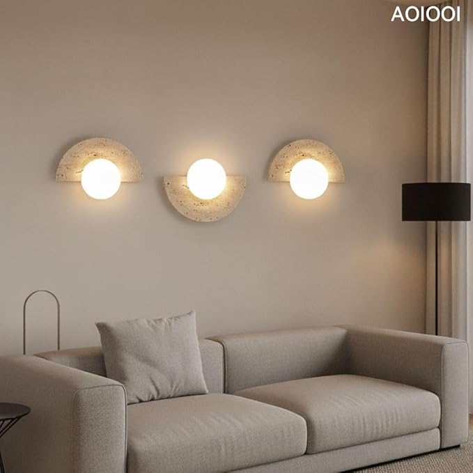 Natural Travertine Stone Wall Sconce, Half Moon LED Wall Light Fixture,Glass Globe and Pull Chain Switch Wall Lamp,Modern Minimalist Lunar Lamp for Bedroom Bedside,Living Room Accent Decor(Two kinds)