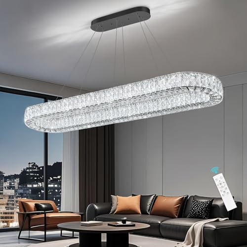 Modern Oval Crystal Chandelier for Dining Room Rectangular Ceiling Light Fixture Dimmable LED Chandeleirs for Living Room Kitchen Island Black