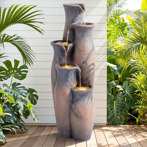 33" Faux Terracotta Vase Water Fountain Outdoor with Warm LED Lights