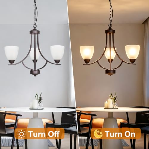 3 Light Shaded Contemporary Chandeliers with Alabaster Glass Oil Rubbed Bronze Modern Light Fixtures Ceiling Hanging Mid Century Pendant Lighting for Dining Room Living Room Hallway Bedroom