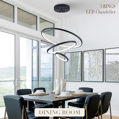 Modern LED Chandeliers 3 Rings Black Chandelier Dimmable LED Pendant Light Fixture Remote Control Contemporary Flush Mount Chandelier for Dining Room Bedroom Foyer