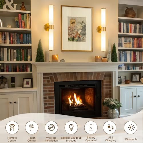 Gold Battery Operated Wall Sconces Set of 2 with White Glass Lamp Shade