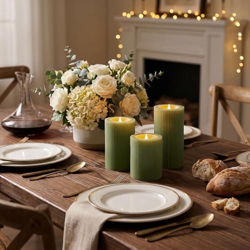 Olive Green Ribbed Moving Flame LED Pillar Candles with Remote (Olive Green)
