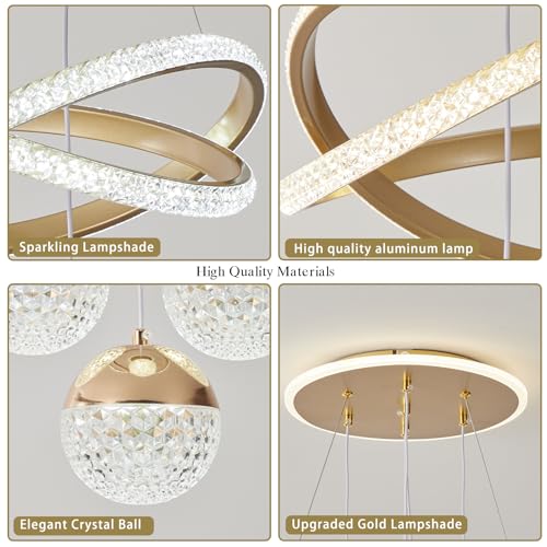 Gold LED Chandeliers, 3-Color Dimmable Pendant Light Dining Room Light Fixtures for Kitchen Island Adjustable Modern Chandeliers for Dining Room Living Room Bedroom