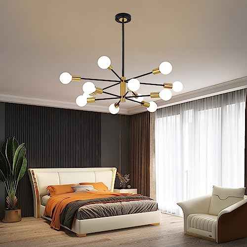 12-Light Modern Sputnik Chandelier, Mid Century Black Gold Ceiling Chandeliers, E26 Base,Branch Height Adjustable Pendant Lighting Fixture for Kitchen Island Dining Room Living Room Bedroom
