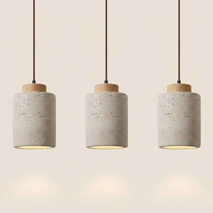 Set of 3 Japanese Travertine Hanging Lamps, Cylinder Natural Stone Pendant Lights Kitchen Island Adjustable Small Chandelier for Dining Room Bedside(Wood,11cm/4.33in)