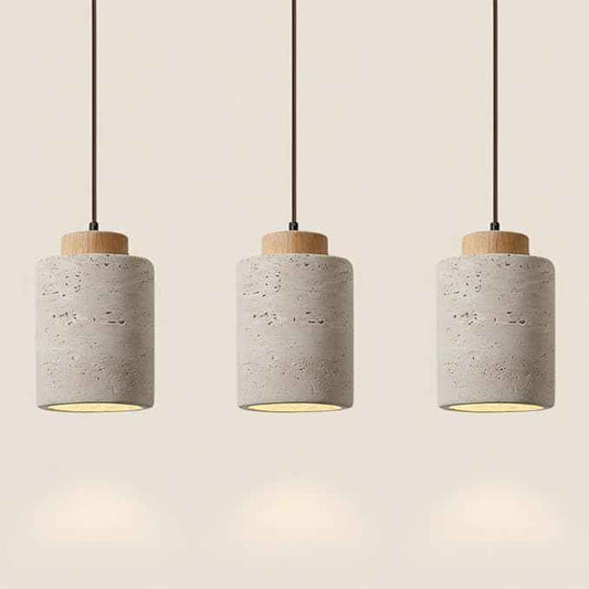 Set of 3 Japanese Travertine Hanging Lamps, Cylinder Natural Stone Pendant Lights Kitchen Island Adjustable Small Chandelier for Dining Room Bedside(Wood,11cm/4.33in)