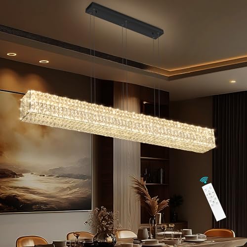 Rectangular Crystal Chandelier Dimmable LED Linear Chandeliers for Dining Room Remote Ceiling Pendants Light Fixture for Kitchen Island Black