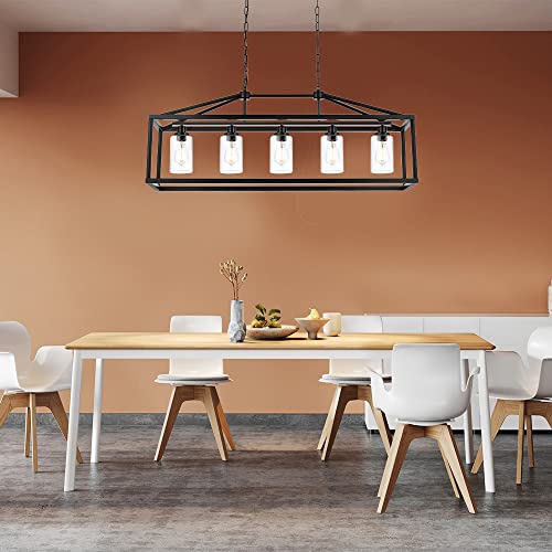 5 Light Farmhouse Chandelier Ceiling Hanging Dining Room Lighting Fixtures Matte Black Modern Pendant Lighting Industrial Rectangular Kitchen Island Chandelier Fixture with Seeded Glass Shade