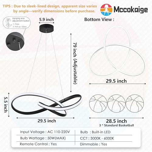 30" Black Modern LED Chandelier Large Irregular Ring Pendant Lighting Adjustable Hanging Light Fixture Modern Dimmable Remote Control Pendant Lights for Living Room Dining Room Entryway
