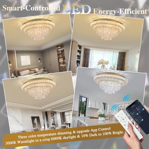 24" Gold Crystal Flush Mount Chandelier Modern LED Ceiling Light Fixture