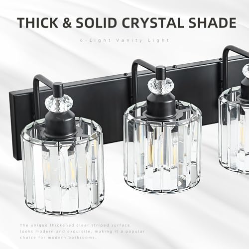 6 Light Black Bathroom Light Fixtures Over Mirror Modern Vanity Lights Crystal Wall Sconce Vintage Bathroom Lighting with Crystal Shade E26 Base for Bedroom